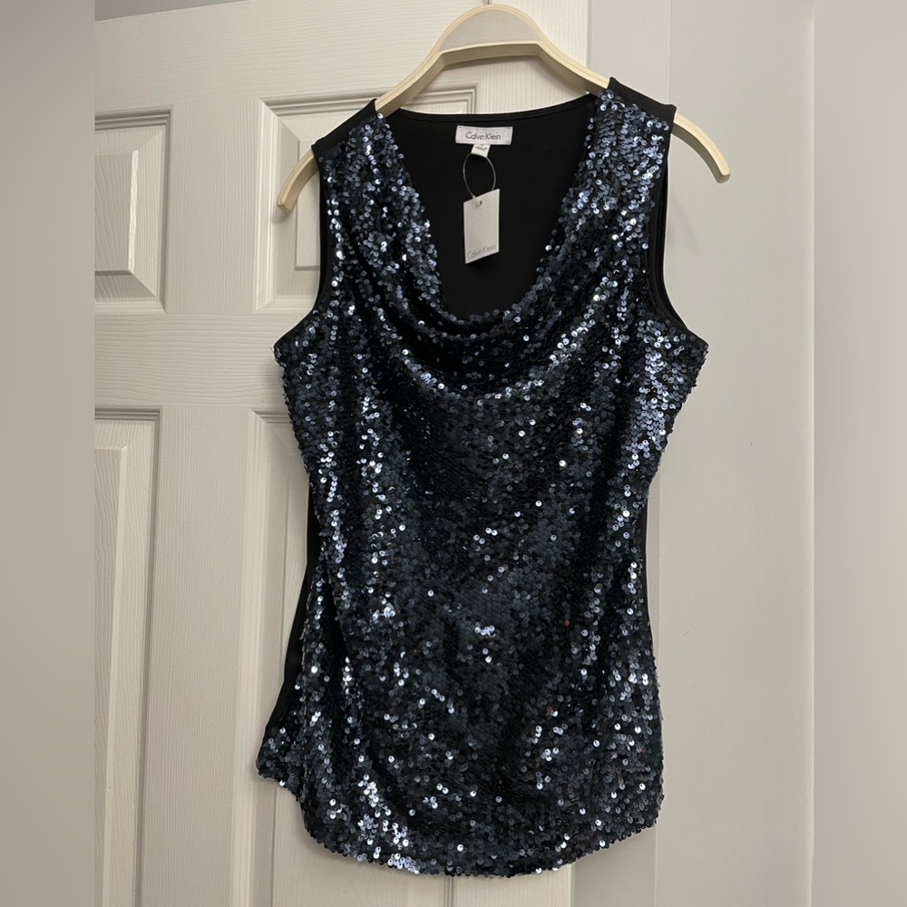 NWT Calvin Klein navy sequin top. Perfect for NYE!!